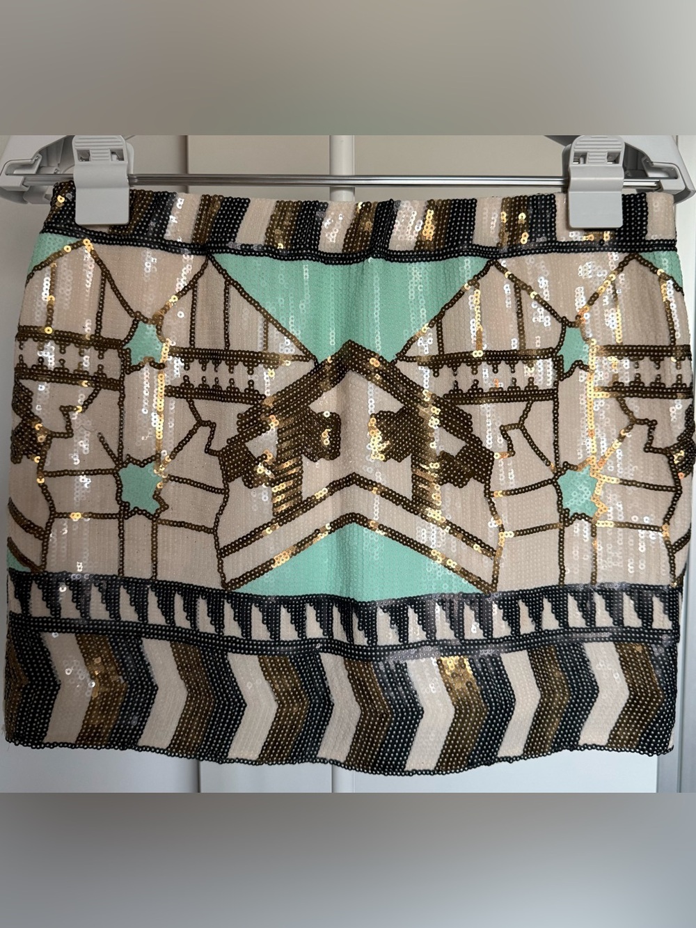 AKIRA Mint, Gold & Black Sequin Geometric Mini Skirt